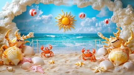 Playful crabs playing beach volleyball