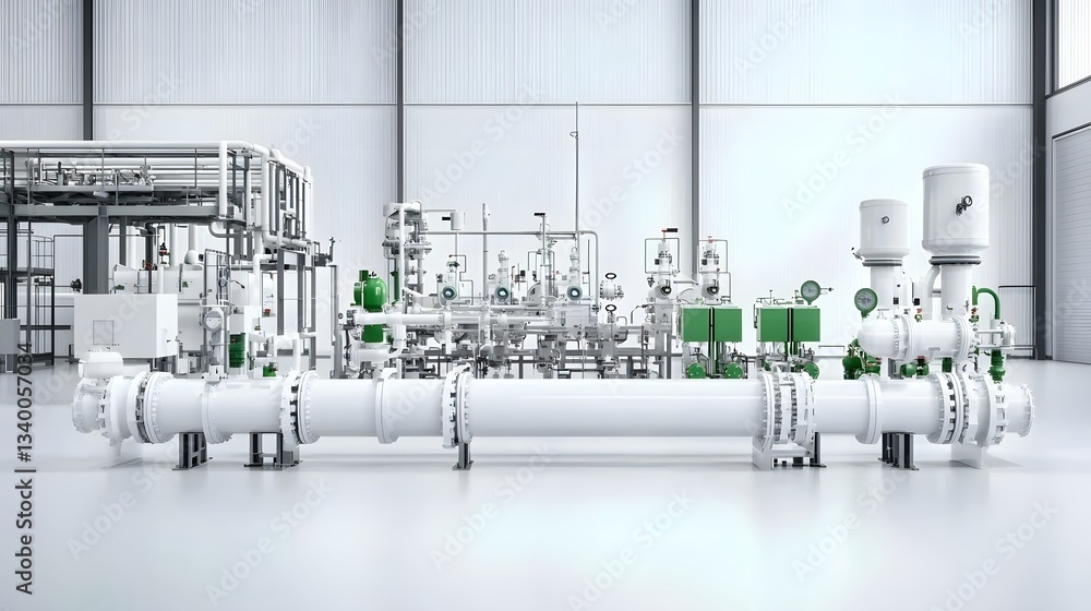 Fototapete A detailed view of a complex pressurized pipeline system with various valves gauges and interconnected tubes arranged in a clean sterile industrial workspace