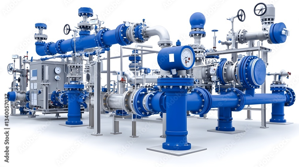 Poster a detailed view of a complex water treatment plant pipe system featuring various components such as 