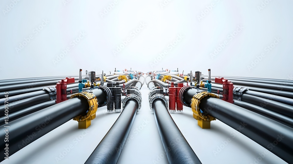 Poster A detailed view of a complex multi phase pipe installation system showcasing the interconnected network of industrial infrastructure and engineering technology