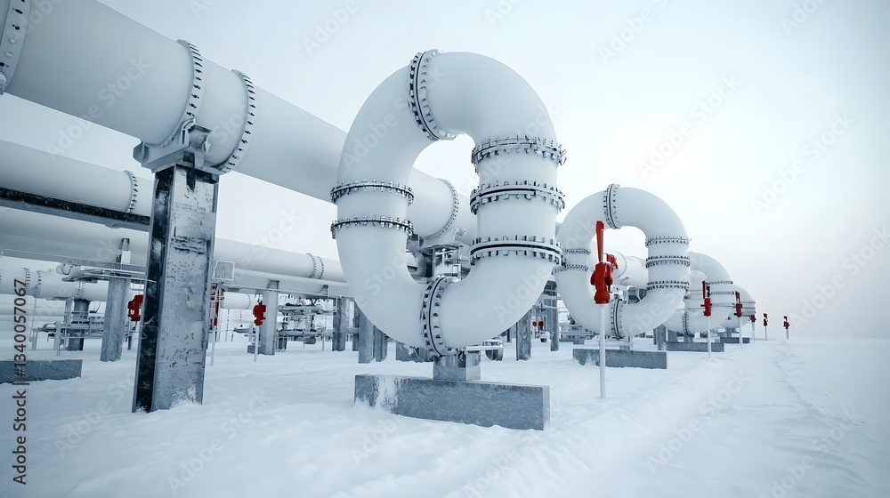 Poster a detailed view of a network of large industrial pipes and valves in a factory or processing plant s