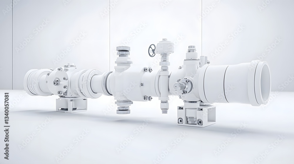 Poster a detailed view of an assortment of industrial pipe fittings valves and connectors arranged on a cle