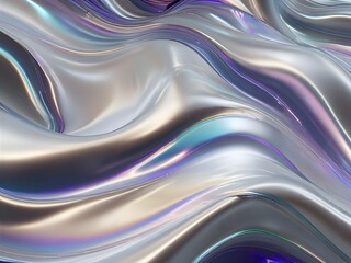 Fototapeta premium Futuristic Silver Holographic Foil with Abstract Chrome Waves and Iridescent Reflections