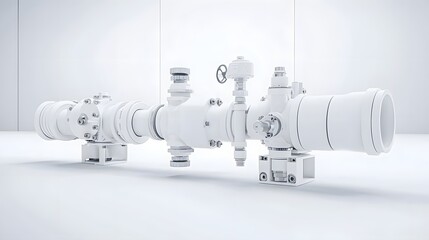 A detailed view of an assortment of industrial pipe fittings valves and connectors arranged on a clean white background highlighting the intricate mechanical components used in plumbing engineering