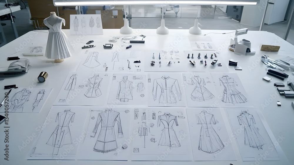 Poster a detailed view of the fashion design process showcasing the progression from initial sketches and c