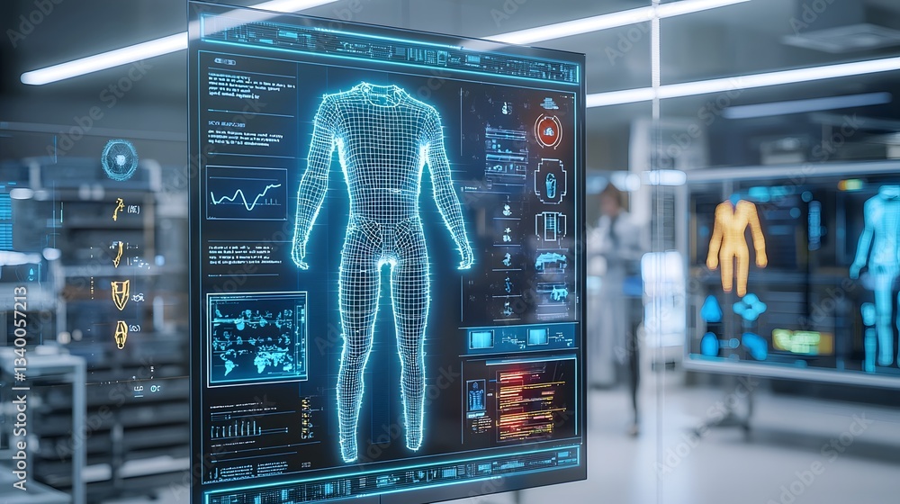 Poster A digital designer using a high tech holographic interface to virtually visualize and customize modular garments exploring the potential of adaptable fashion through innovative technology