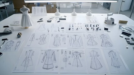 A detailed view of the fashion design process showcasing the progression from initial sketches and concept drawings to the final runway ready garments