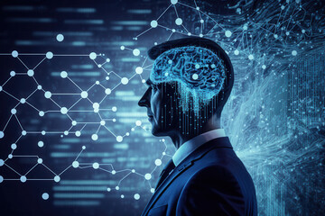 Profile of a businessman with a digital brain, representing the integration of technology in business and multitasking in business. Great prospects.