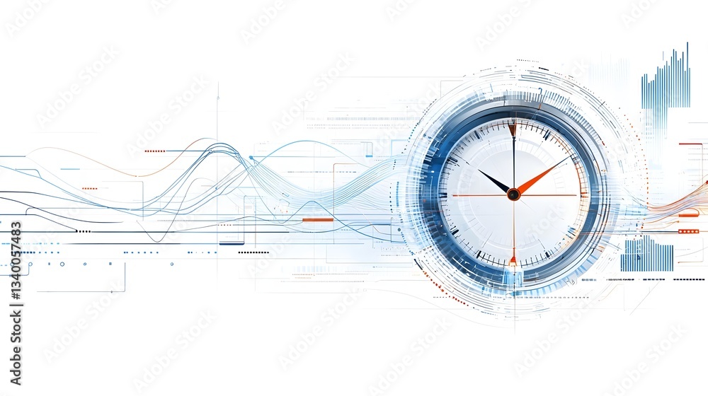 Fototapete A dynamic futuristic visualization of time travel featuring a sleek digital clock surrounded by abstract energy waves and data driven graphics that suggest a complex technologically advanced system