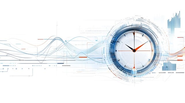 A dynamic futuristic visualization of time travel featuring a sleek digital clock surrounded by abstract energy waves and data driven graphics that suggest a complex technologically advanced system