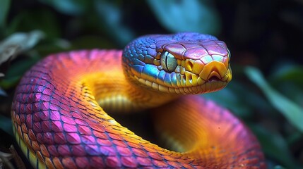 Obraz premium Ferocious Sunbeam Snake shimmering with an iridescent rainbow sheen as it slithers through the dense jungle