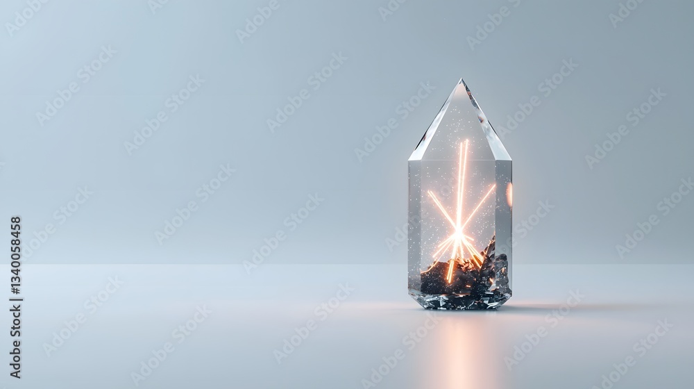 Poster a futuristic minimalist composition depicting a radiant faceted crystal form emanating a mysterious 