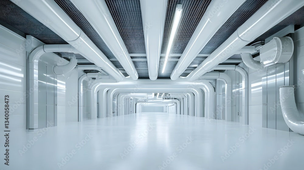 Poster a futuristic minimalist interior with a complex grid of industrial pipes and ducts running across a 