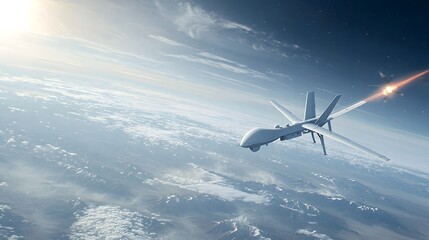Naklejka premium A futuristic military aircraft soaring through the clouds at high altitude showcasing the latest advancements in aviation technology and design