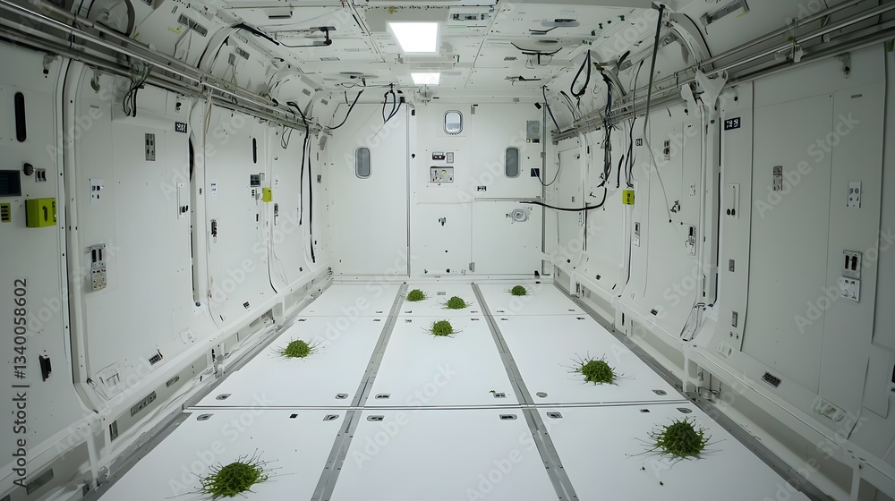 Poster a futuristic sterile and highly technological interior of a zero gravity experimental chamber filled