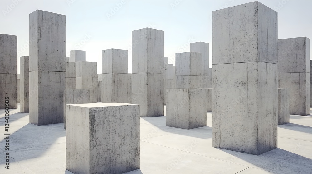 Poster a geometric minimalist cityscape composed of towering concrete structures and cubes arranged in a gr