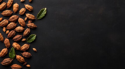 Obraz premium Assorted spices and herbs on a dark textured background