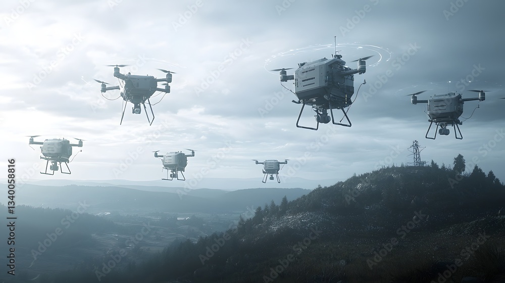 Poster A group of advanced aerial vehicles resembling drones hovering above a remote mountainous environment with clouds in the background