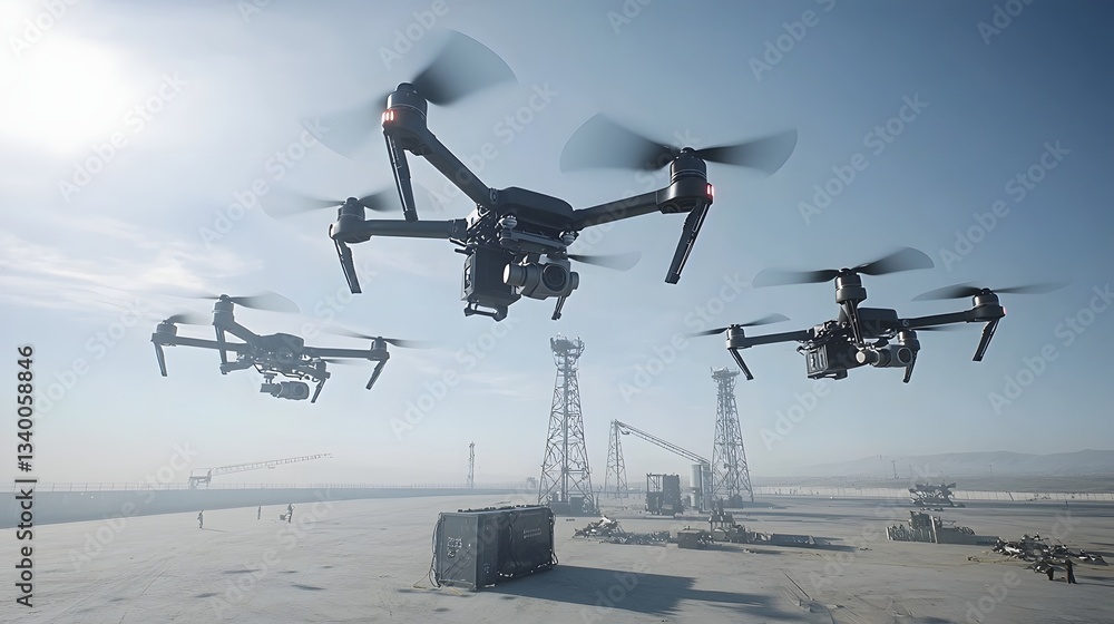 Fototapete a group of drones flying in the air with an anti drone jammer device disrupting their navigation sys