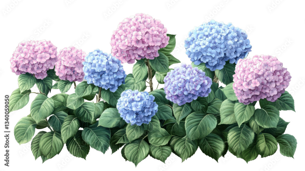 Aufkleber blooming hydrangeas creating a colorful border on transparent background