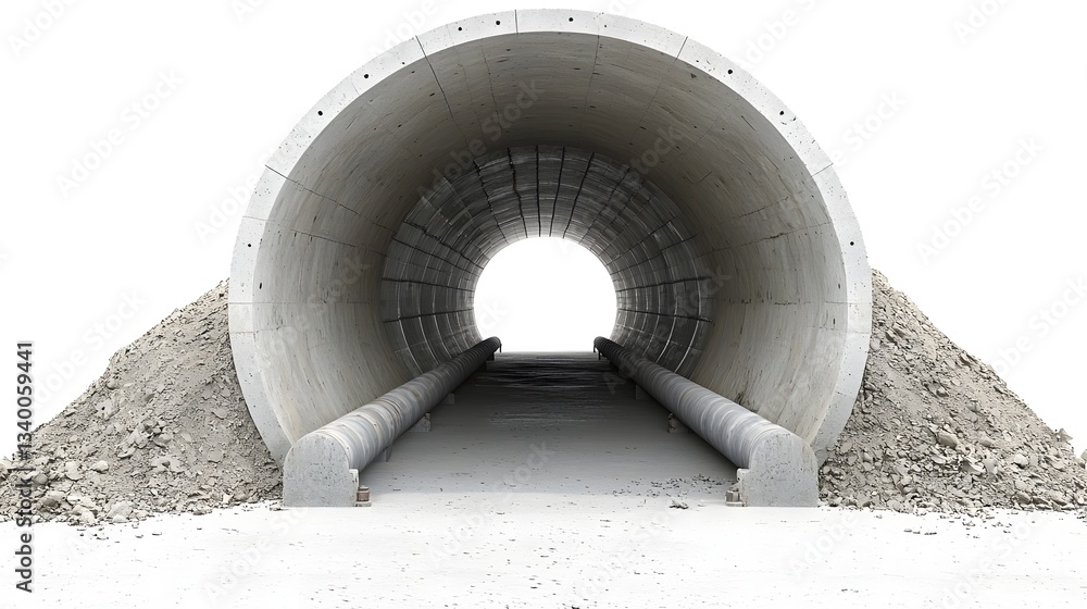 Poster a large cavernous concrete tunnel structure representing an underground pipeline section set against