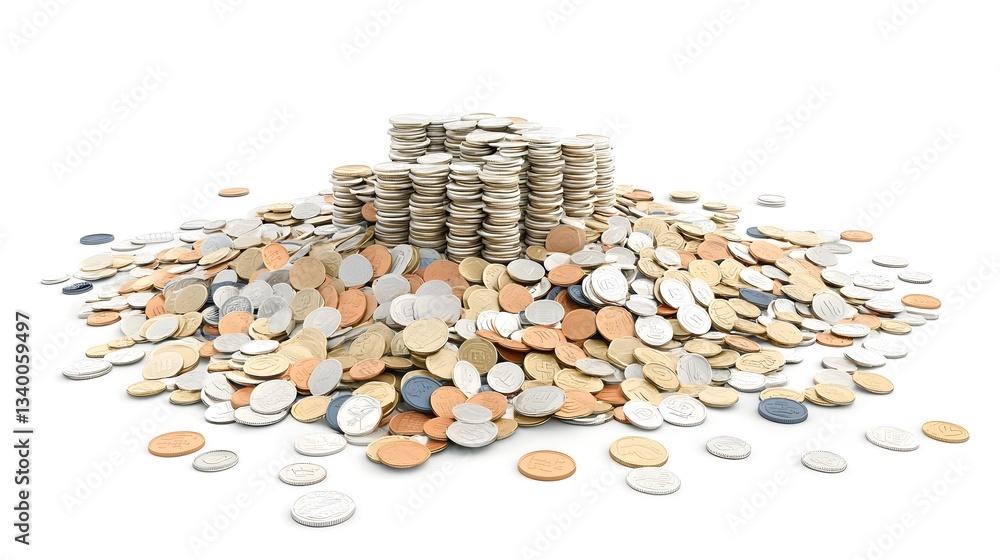 Poster a large pile of various coins and currency forms a looming wall symbolizing the challenges and restr