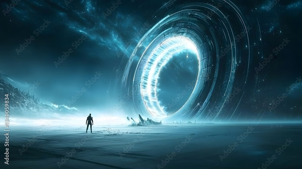Poster A mesmerizing otherworldly portal or vortex glowing with an enigmatic pulsing energy against a vast cosmic backdrop hinting at unexplored realms and scientific mysteries