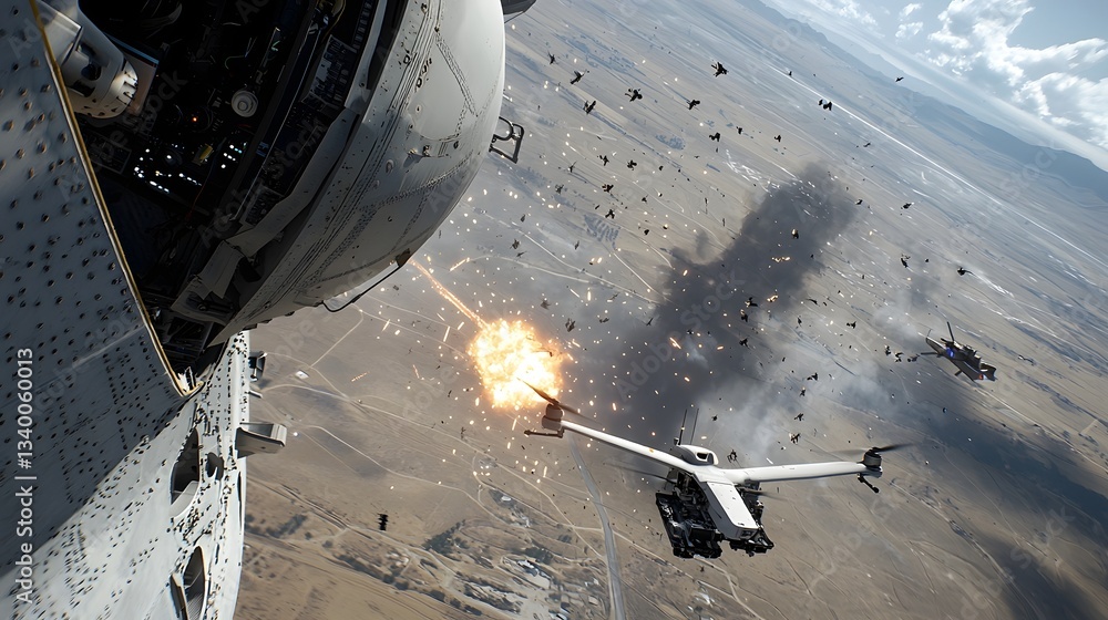 Poster A military drone being struck down by powerful electronic countermeasures causing a dramatic explosion in the sky