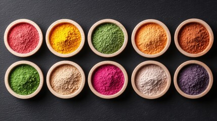 Vibrant array of colorful spices in wooden bowls