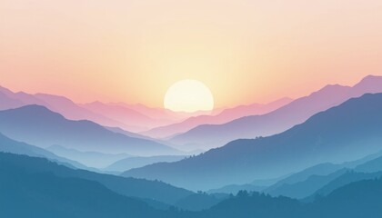 Soft Sunset Gradient Overlayered Mountains in Peach and Lavender Landscape Art