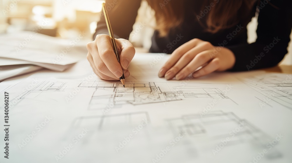 Poster detailed architectural design sketch with hands and blueprints