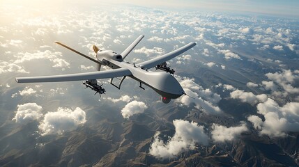 Fototapeta premium A military grade unmanned aerial vehicle or drone soaring through the sky above a picturesque landscape of clouds and distant terrain
