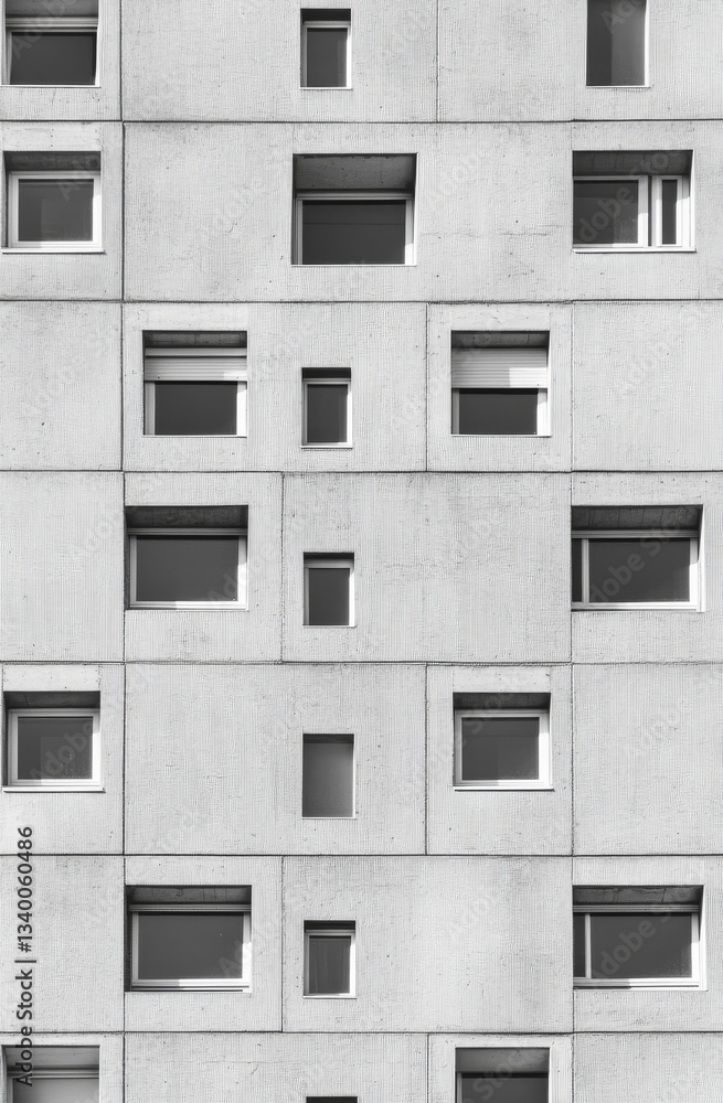 Poster a striking symmetrical facade shows a pattern of square windows in a concrete building.