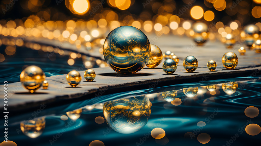 Poster a collection of shiny spheres displaying light reflections to illustrate central force motion princi