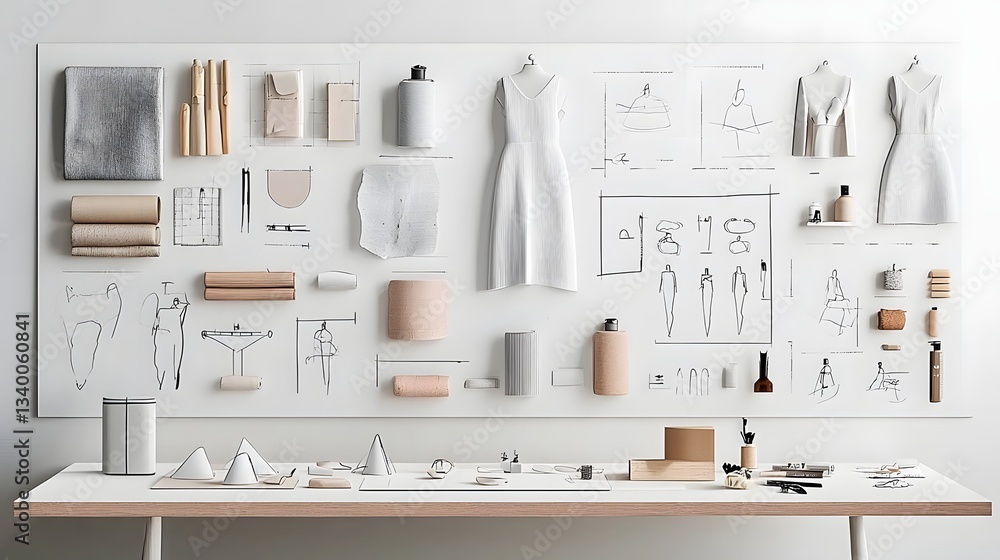 Poster A minimalist monochrome composition featuring an array of fashion design elements including fabrics sketches and other abstract textures and shapes