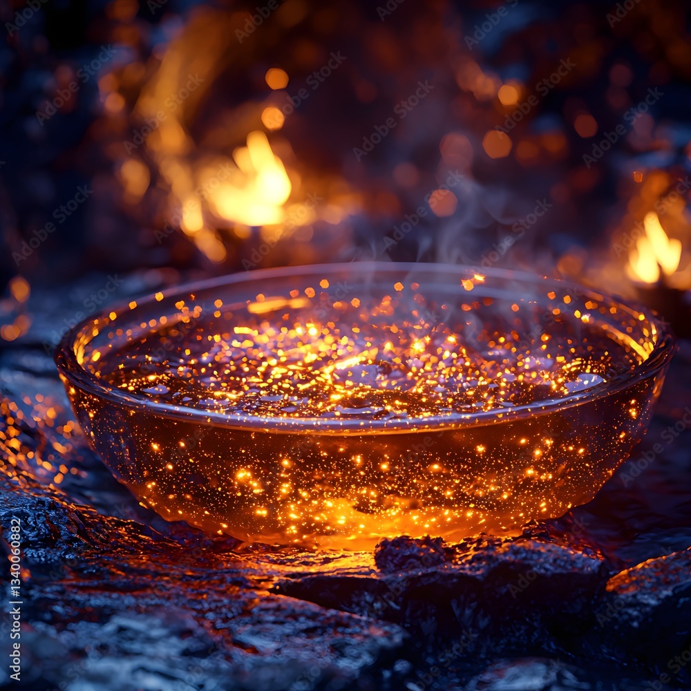 Poster captivating bowl of flames surrounded by darkness in a cave creating an enigmatic and intense atmosp