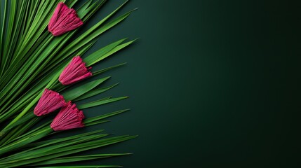 Obraz premium Vibrant pink flowers arranged with green palm leaves