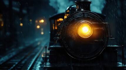 A vintage train locomotive with a bright headlamp in the rain