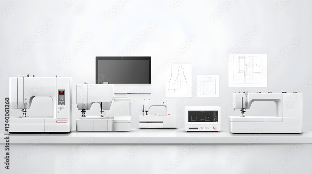 Poster a modern streamlined fashion design workspace featuring sewing patterns in a minimalist organized se