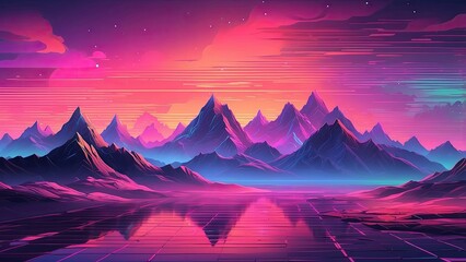 A vibrant, neon-themed digital landscape featuring stylized mountains created with grid patterns.