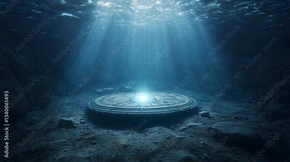 Poster a mysterious glowing artifact rests on the seafloor its circular structure radiating an ethereal oth