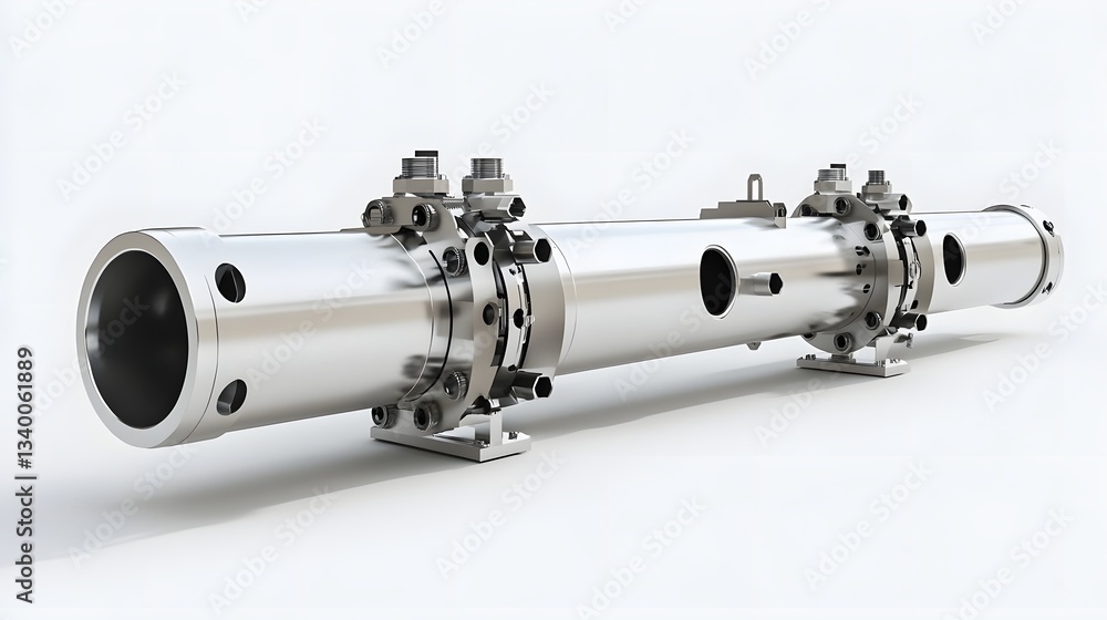 Poster a photo of a steel pipeline assembly showcasing the complex components and connections required for 
