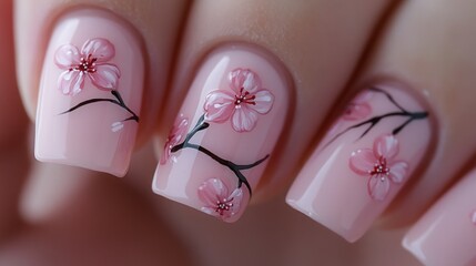 Closeup of painted pink cherry blossom nails