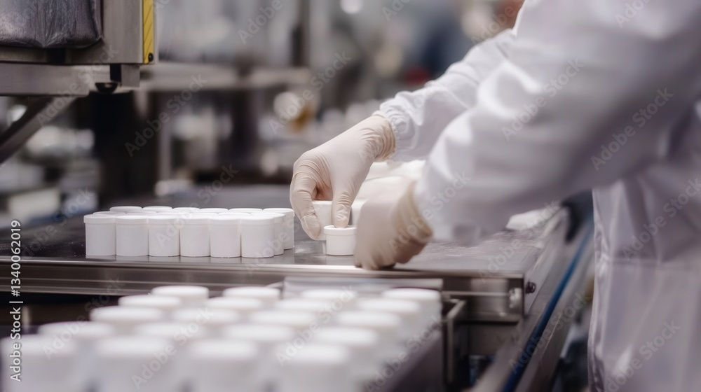 Poster worker handling small white containers on an automated manufacturing line