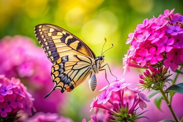 Drone View: Swallowtail Butterfly on Pink Phlox, Artistic Blurred Garden Background