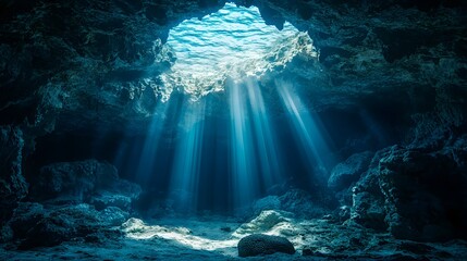 Stunning underwater cave captured in natural light showcasing unique rock formations and aquatic surroundings