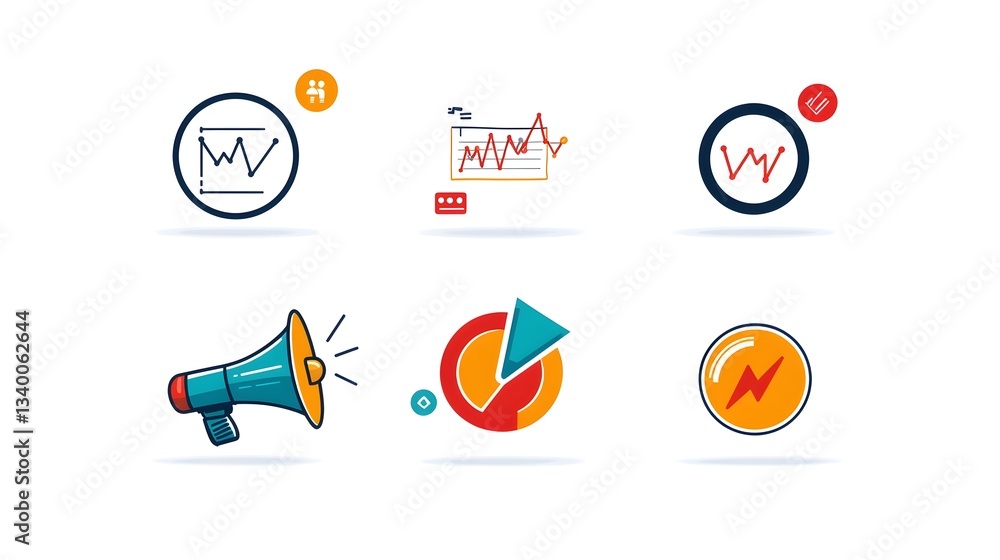 Poster A set of digital marketing icons including charts graphs and other visual elements to represent business analytics data driven decision making and strategic planning