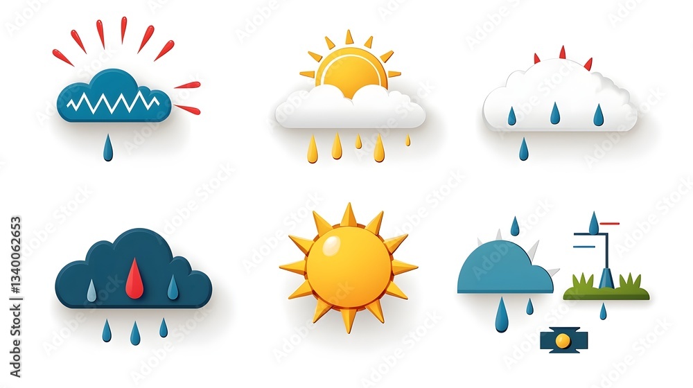 Aufkleber A set of colorful and simplified weather icons including sun cloud and rain symbols arranged in a horizontal layout on a clean white background