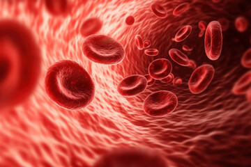 Fototapeta premium Red blood cells flow in human veins. Digital visualization of red blood cells flowing through an artery.