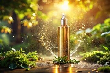 Dry Shampoo Spray Bottle with Warm Sunlight Glow & Water Splash Background - High-Resolution Stock Photo